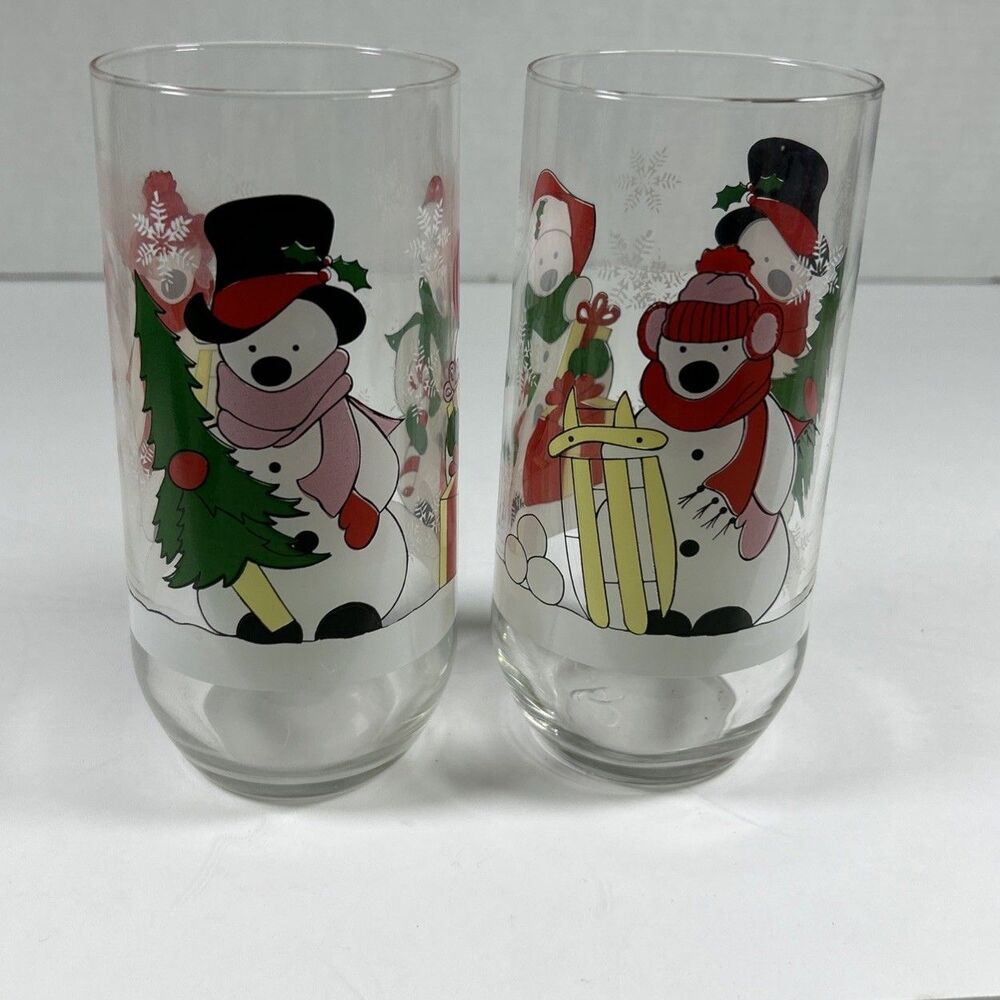 Vintage Luminarc Christmas Snowman Drinking Tumbler glasses Set Of 2